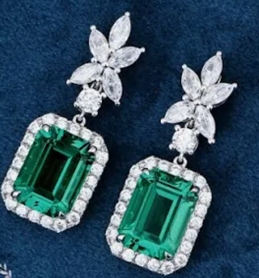 Diamond Earrings surround Green Emeralds & floral clasp