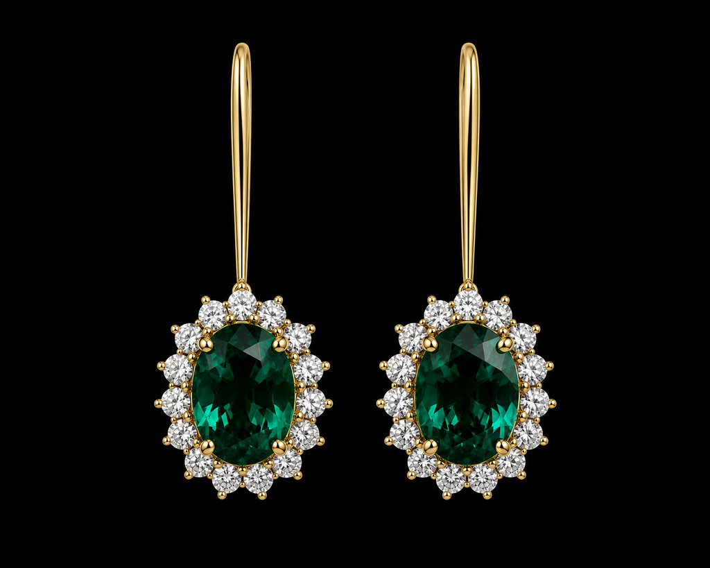 Diamond Earrings with Emerald Center